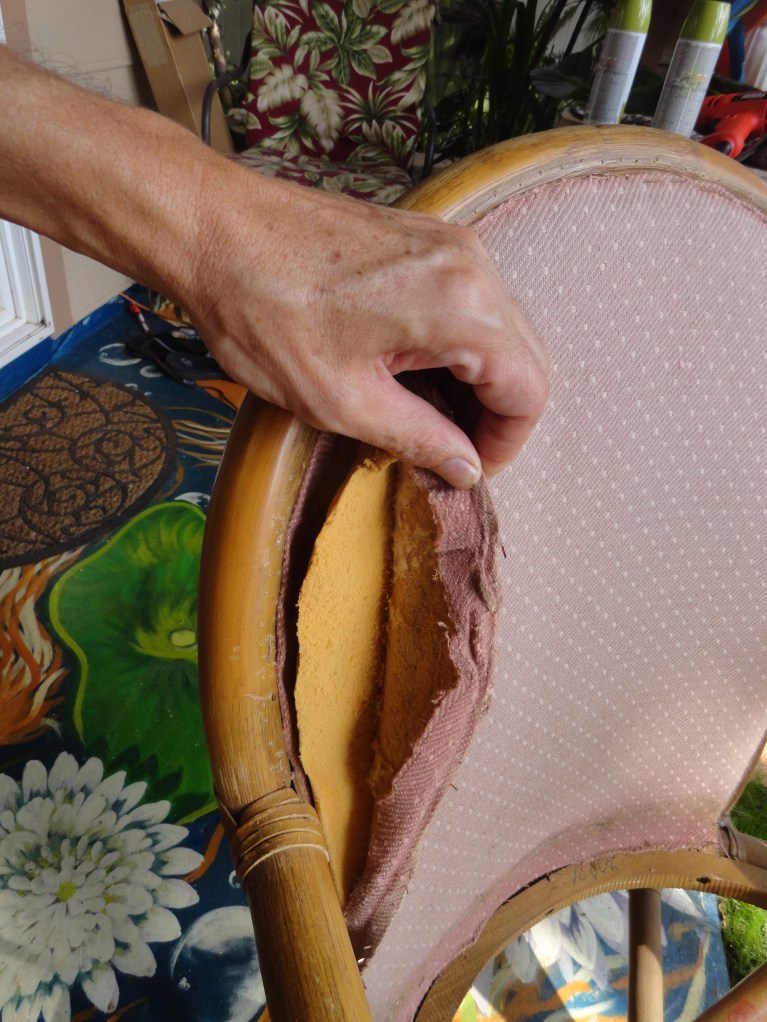 Removing the back padding of the chair that I would normally keep and use as a templet for a new back,in this cases I will not be replacing the back and I will leave the back open.